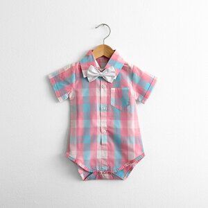 NWT Cute Boys Oxford Short Sleeve Onesie Romper Checkered Easter Outfit 18-24M